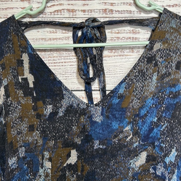 For Love & Lemons Navy Print Silk Leather Cuffs Back Tie V Neck Blouse Medium - Picture 13 of 14